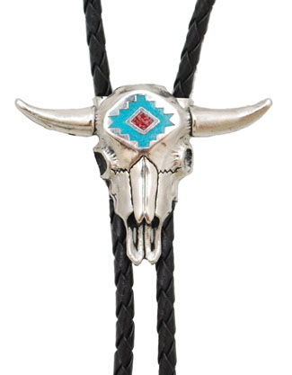 Steerhead Bolo Tie with Turquoise and Coral Inlay
